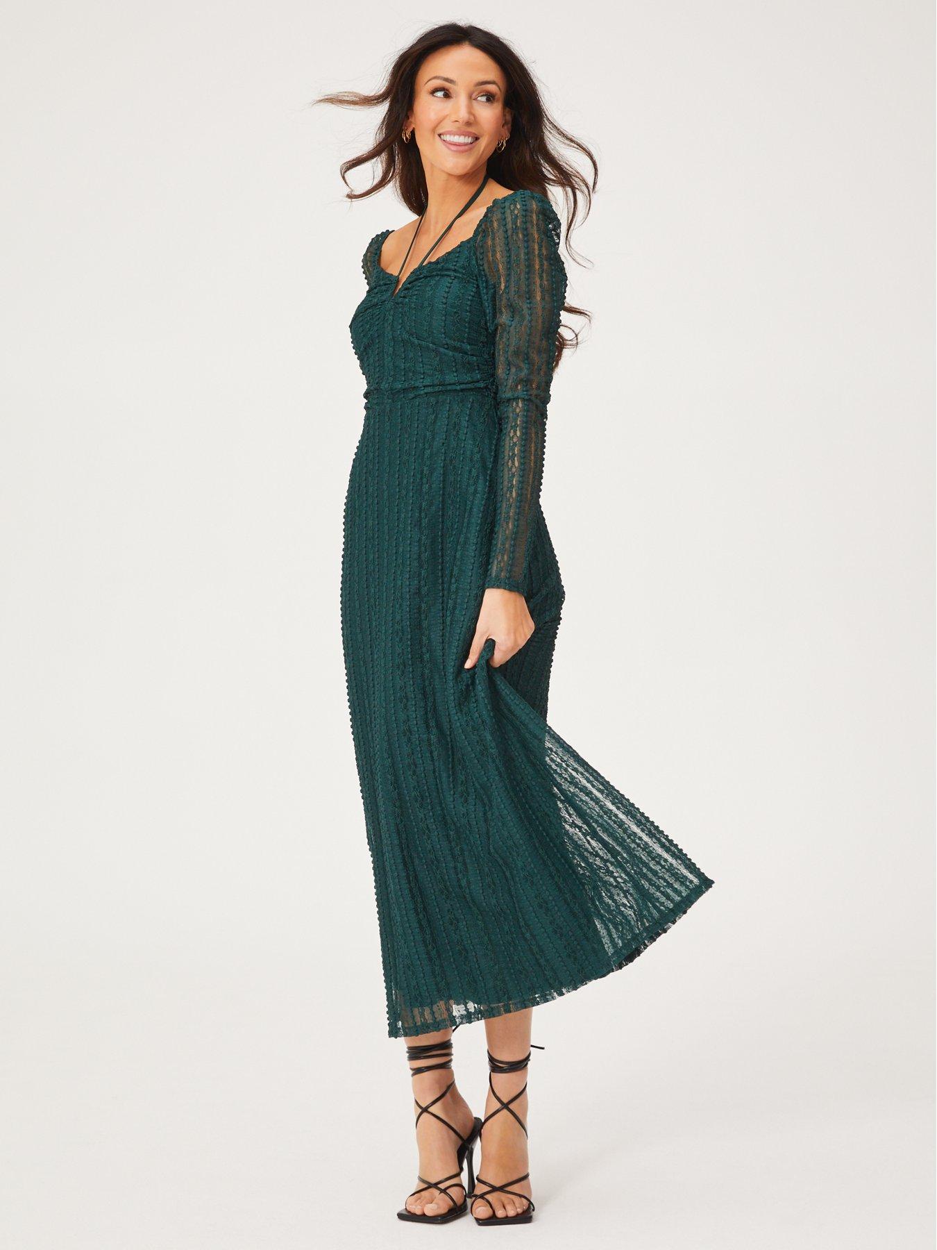 Michelle Keegan Lace Ruched V Bar Midi Dress - Green | Very Ireland