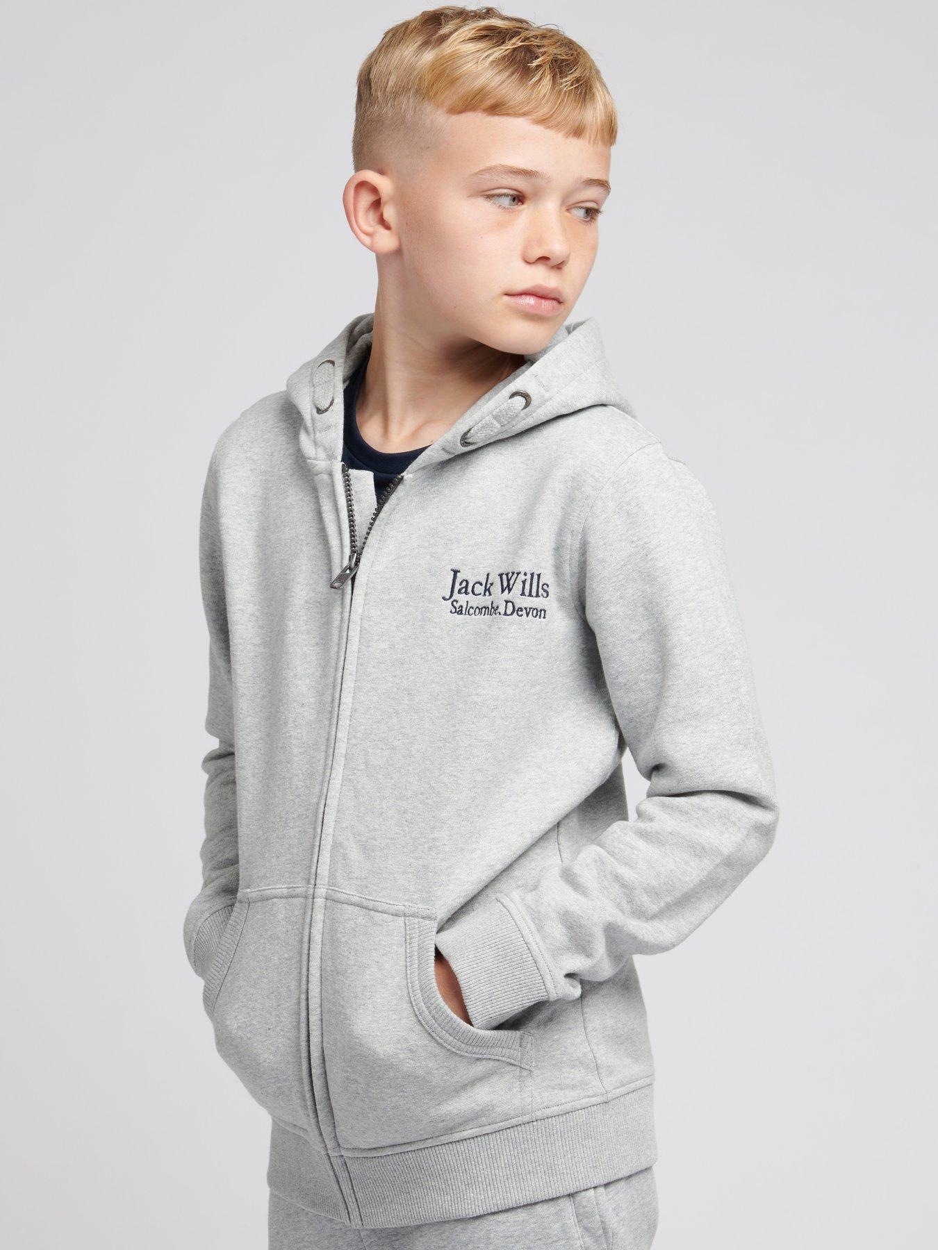 Jack Wills Boys Script Zip Through Hoodie Vintage Grey Marl