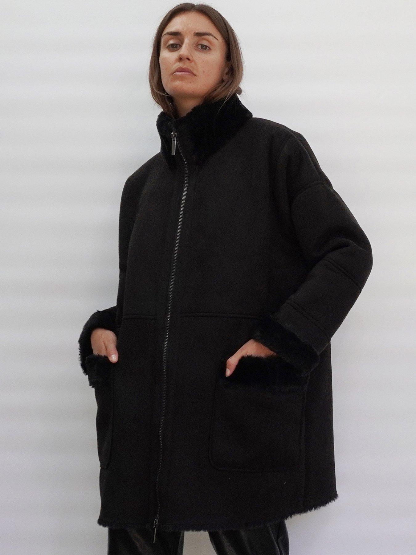 Women's Faux Fur Lined Longline Afghan Coat in Black