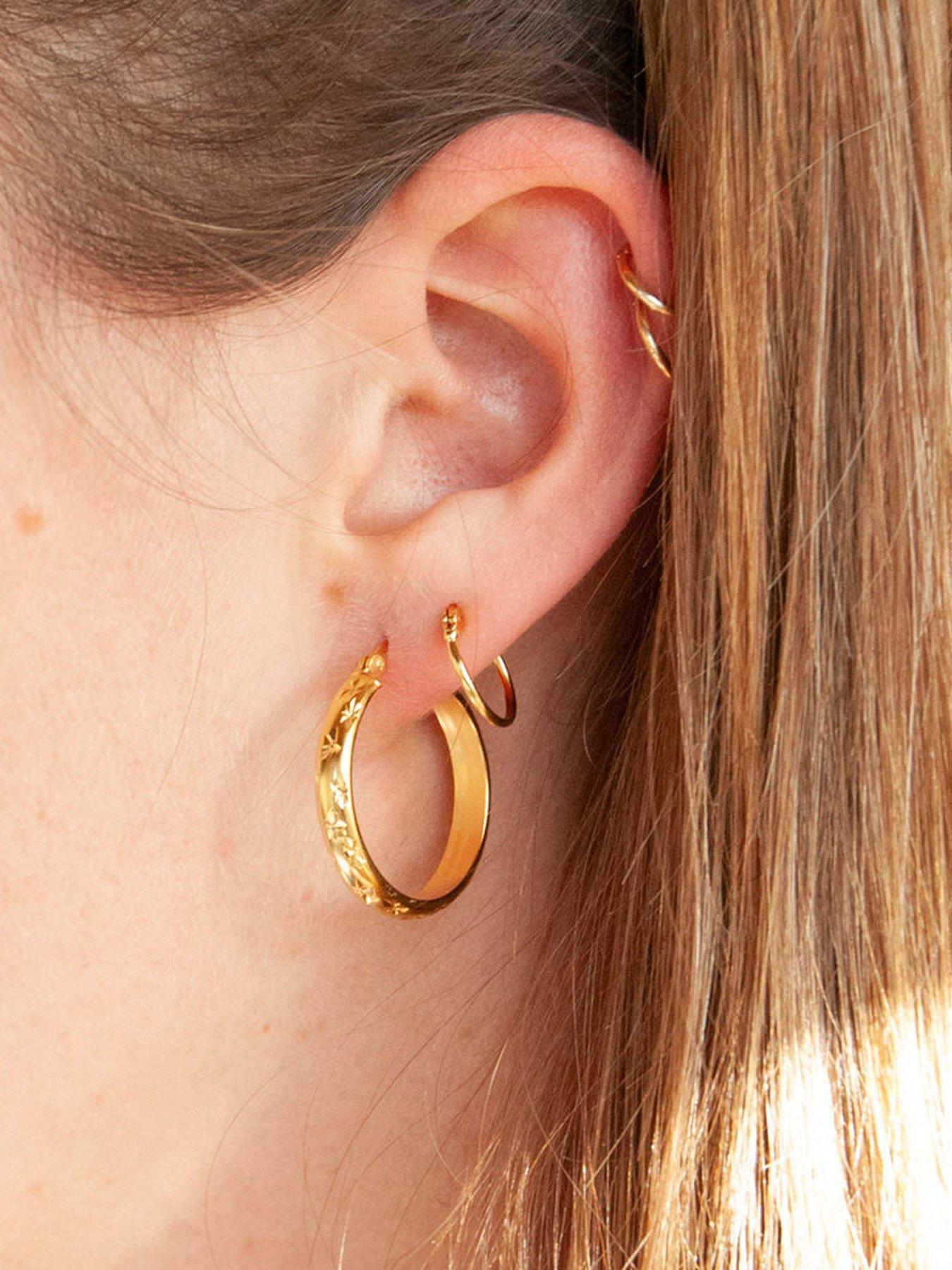 Image 2 of 4 of Seol + Gold 18ct Gold Plated Sterling Silver Diamond Cut Star Patterned Creole Hoop Earrings
