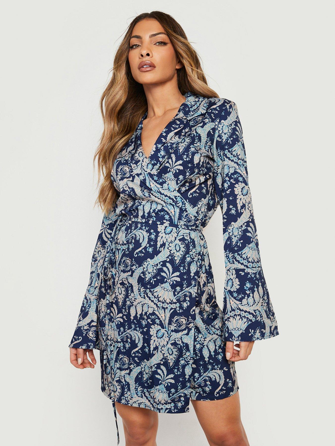 Boohoo Boohoo Printed Flare Sleeve Wrap Skater Dress - Navy | Very Ireland