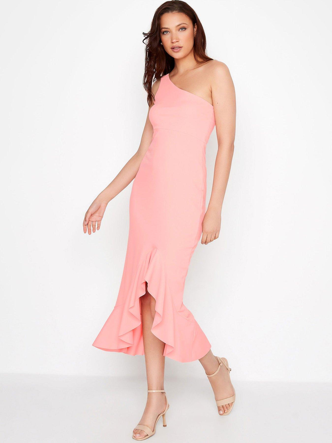 long-tall-sally-coral-one-shoulder-frill-dressfront