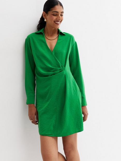 new-look-green-herringbone-collared-mini-wrap-dress