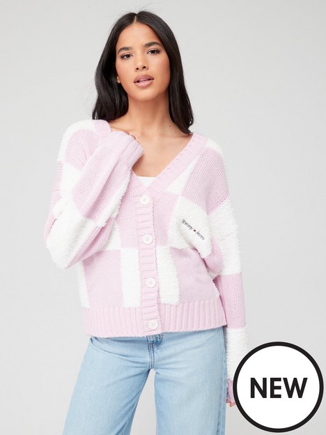 tommy-jeans-oversized-checker-cardigan-pinkwhite