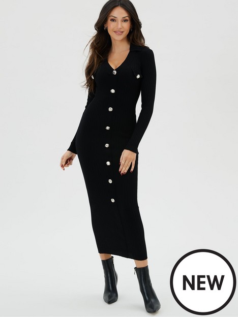 michelle-keegan-knitted-button-down-midi-dress-black