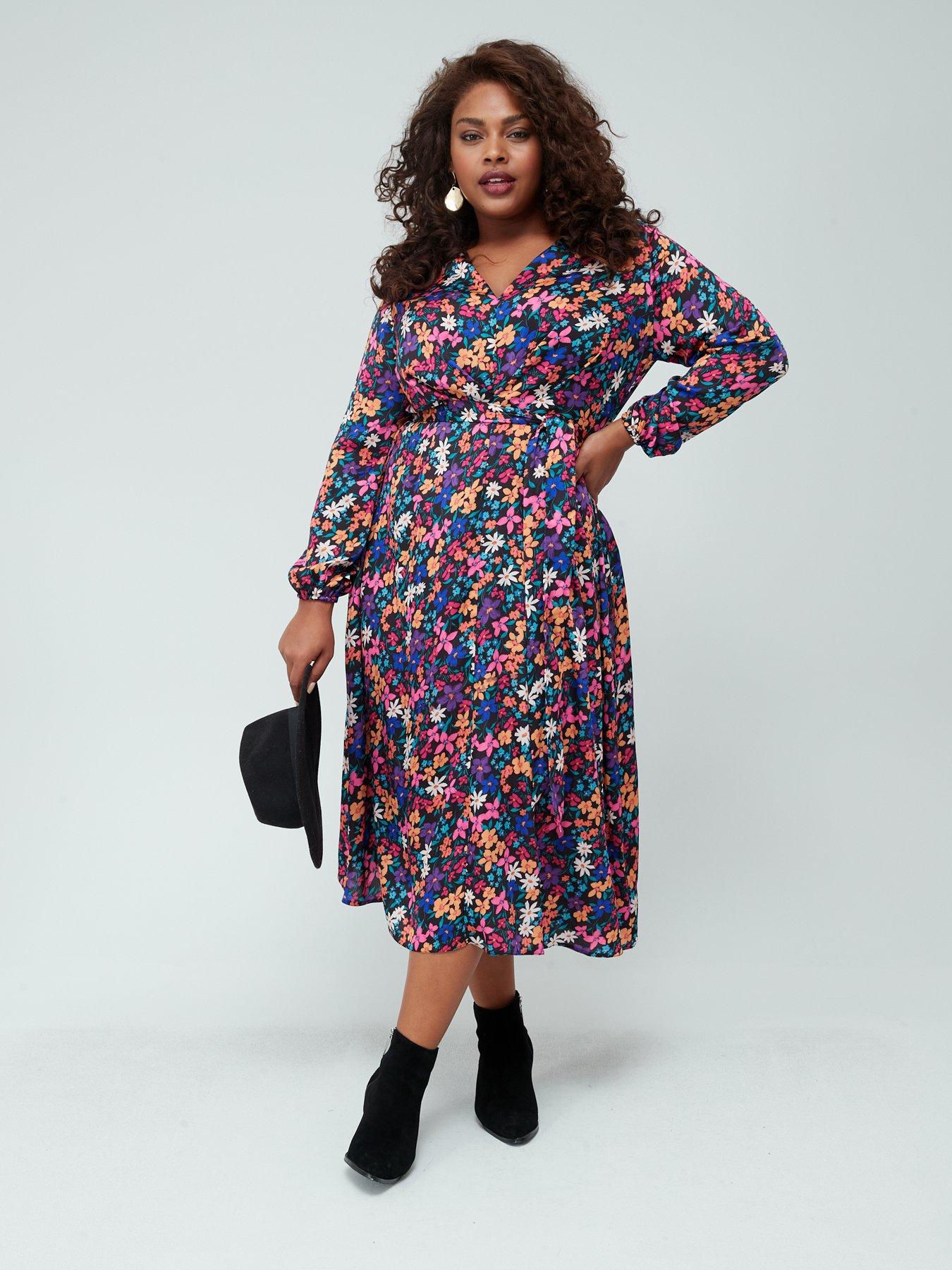 V by Very Curve Floral Satin Belted Midi Shirt Dress | Very Ireland