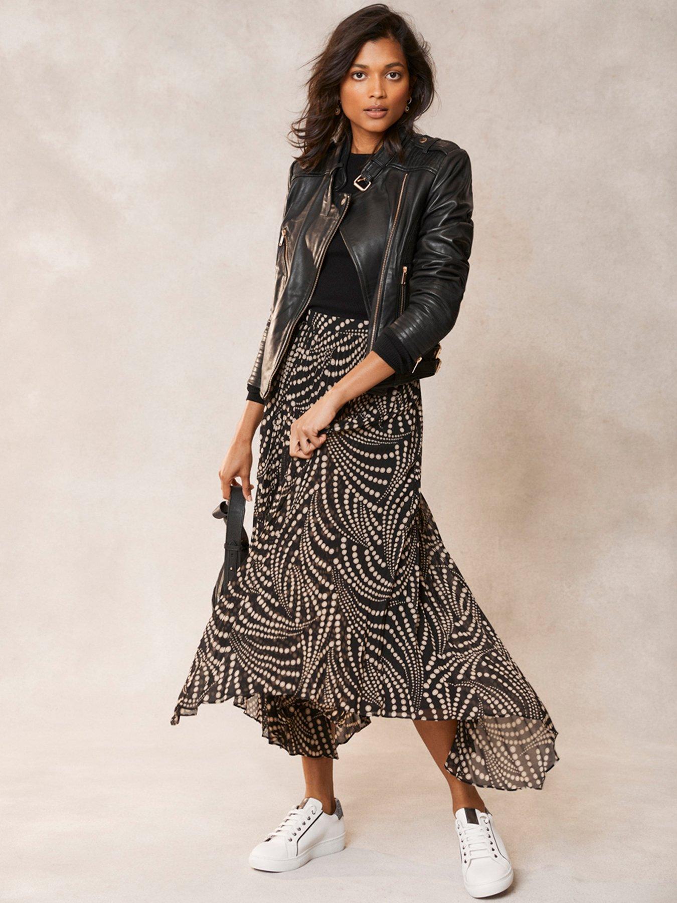 Black spot print 2024 pleated midi skirt