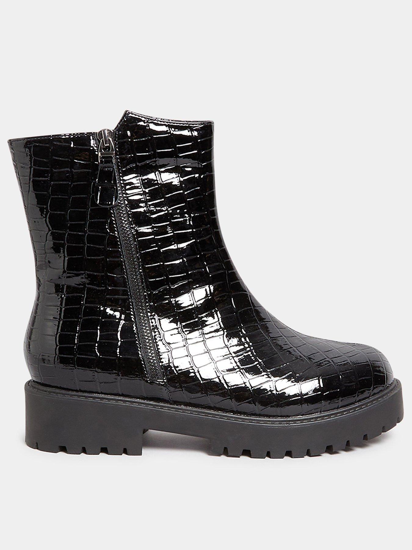 Extra Wide Fit Side Zip Patent Croc Boot Black