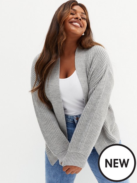 new-look-curves-pale-grey-knit-long-puff-sleeve-cardigan