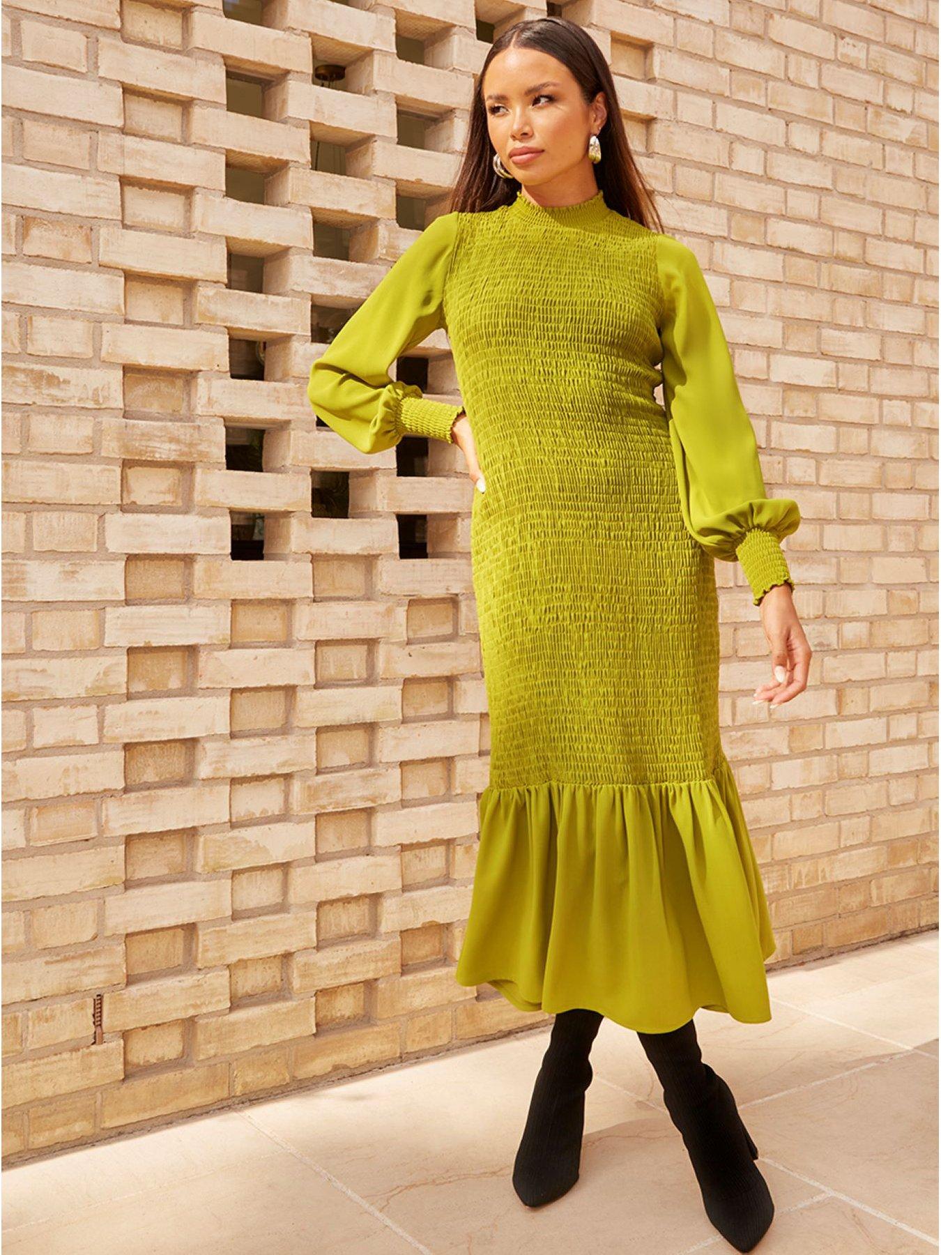 undefined Chi Chi London Long Sleeve Shirred Maxi Dress In Green