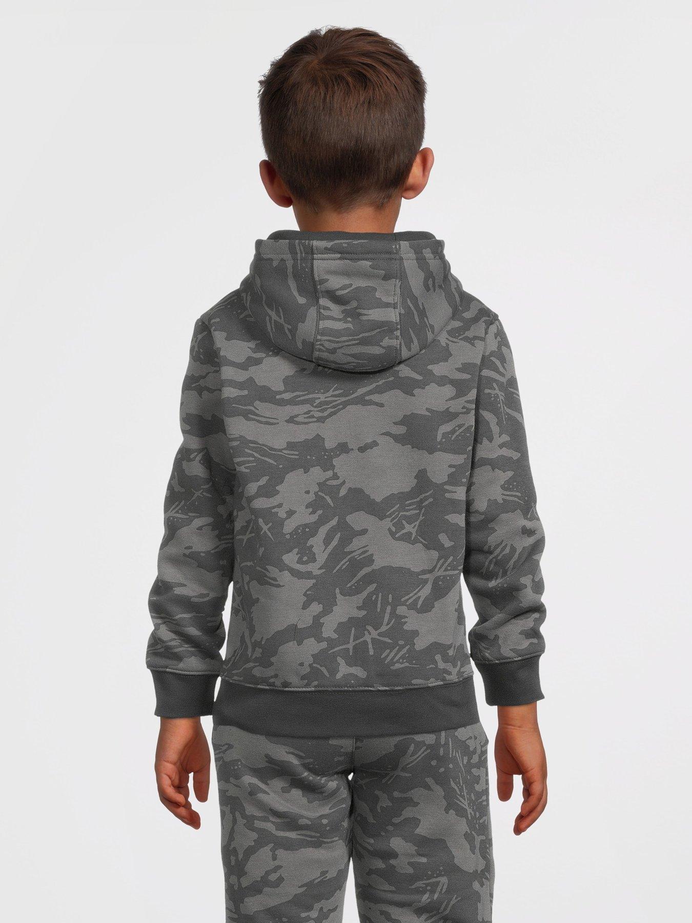 Kids Boys All Over Print Club Camo Overhead Hoodie Dark Grey