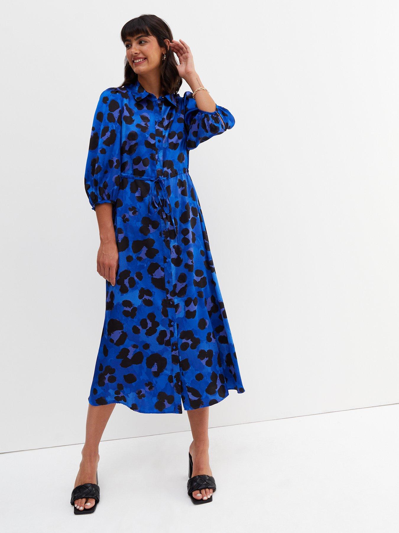 Blue Leopard Print Midi Drawstring Shirt Dress