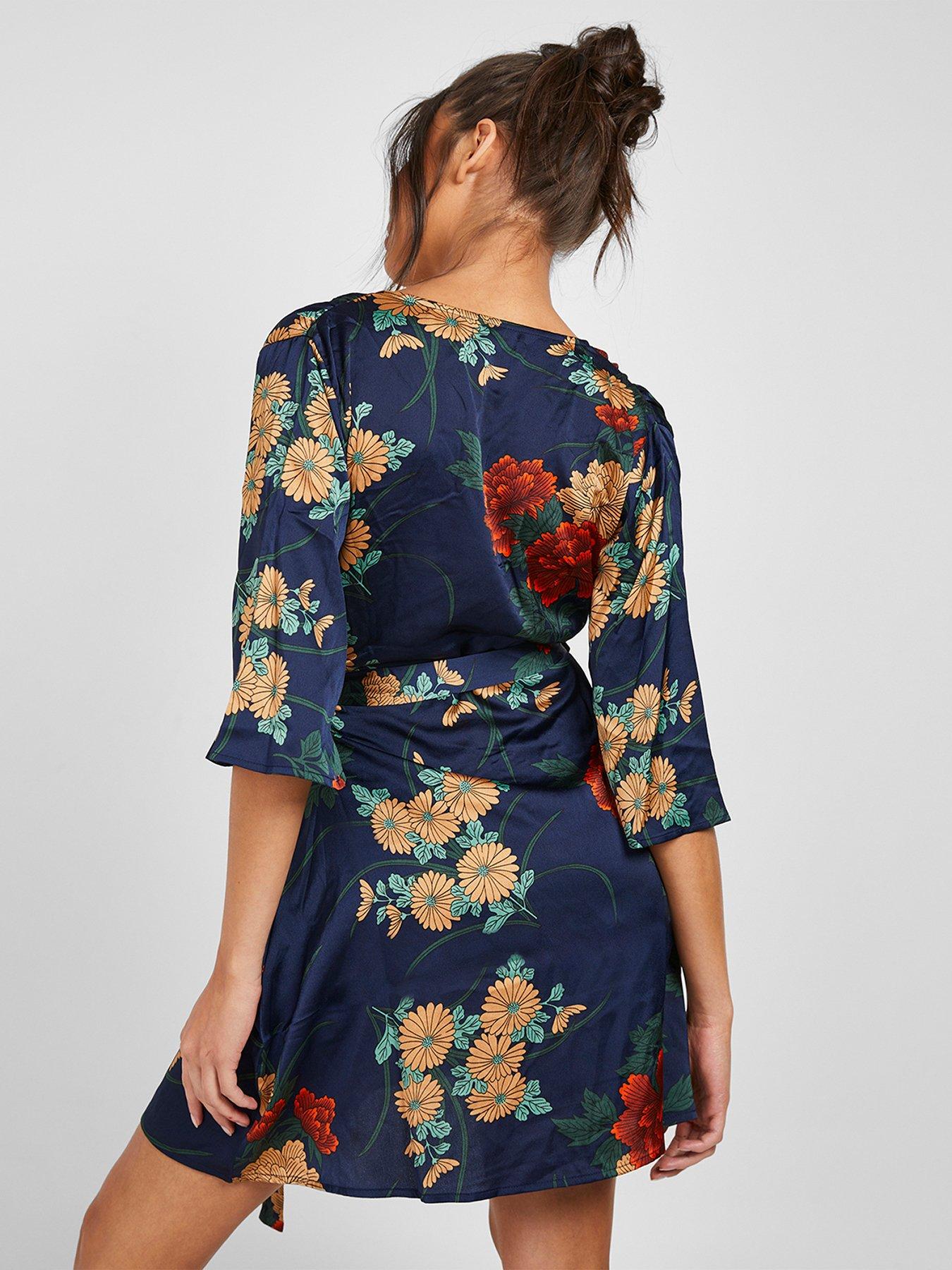 Floral Satin Wrap Dress - Navy