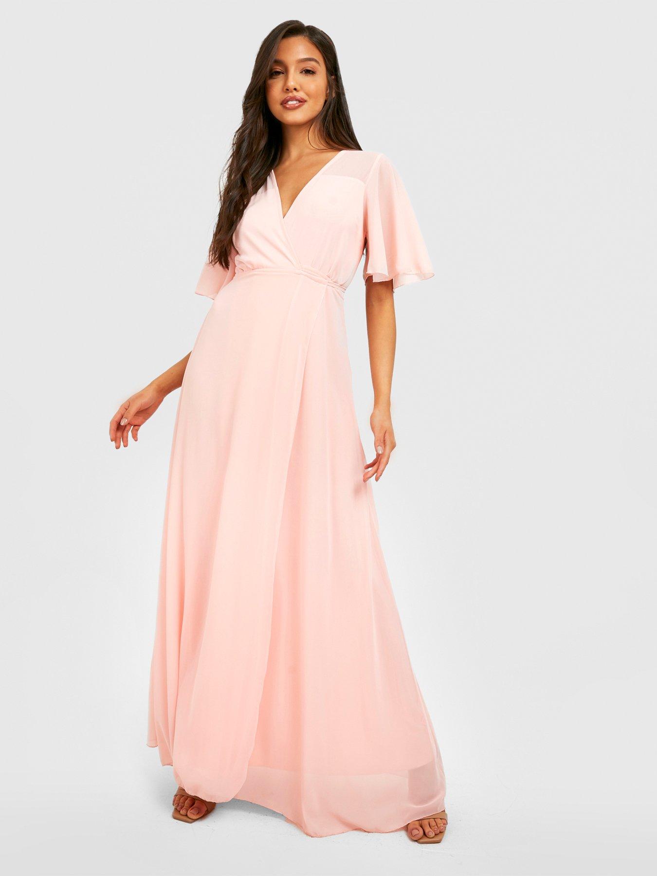 Boohoo Chiffon Angel Sleeve Wrap Maxi Bridesmaid Dress Blush