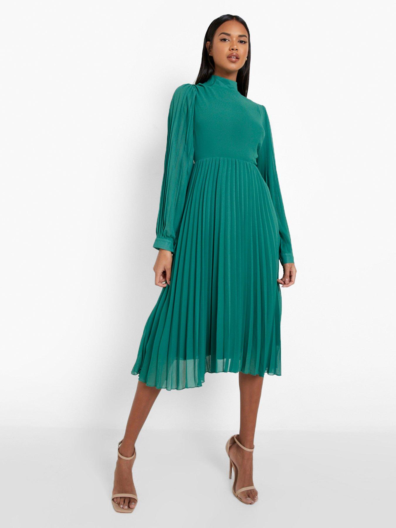 Pleated high outlet neck midi dress