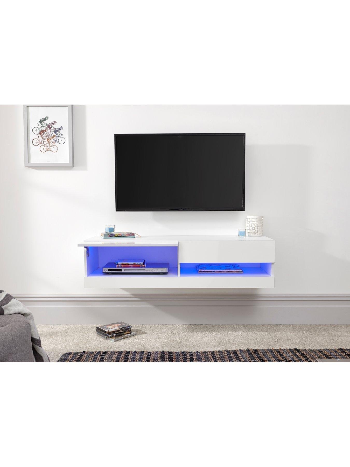 GFW Galicia 120 cm Floating Wall TV Unit with LED Lights - fits up to 55 inch TV - White