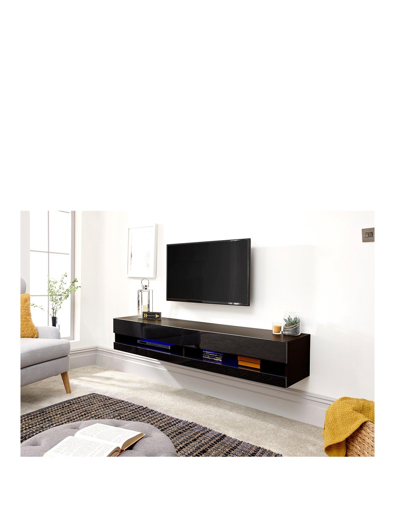 GFW Galicia 150 cm Floating Wall TV Unit with LED Lights - fits up to 65 inch TV - Black