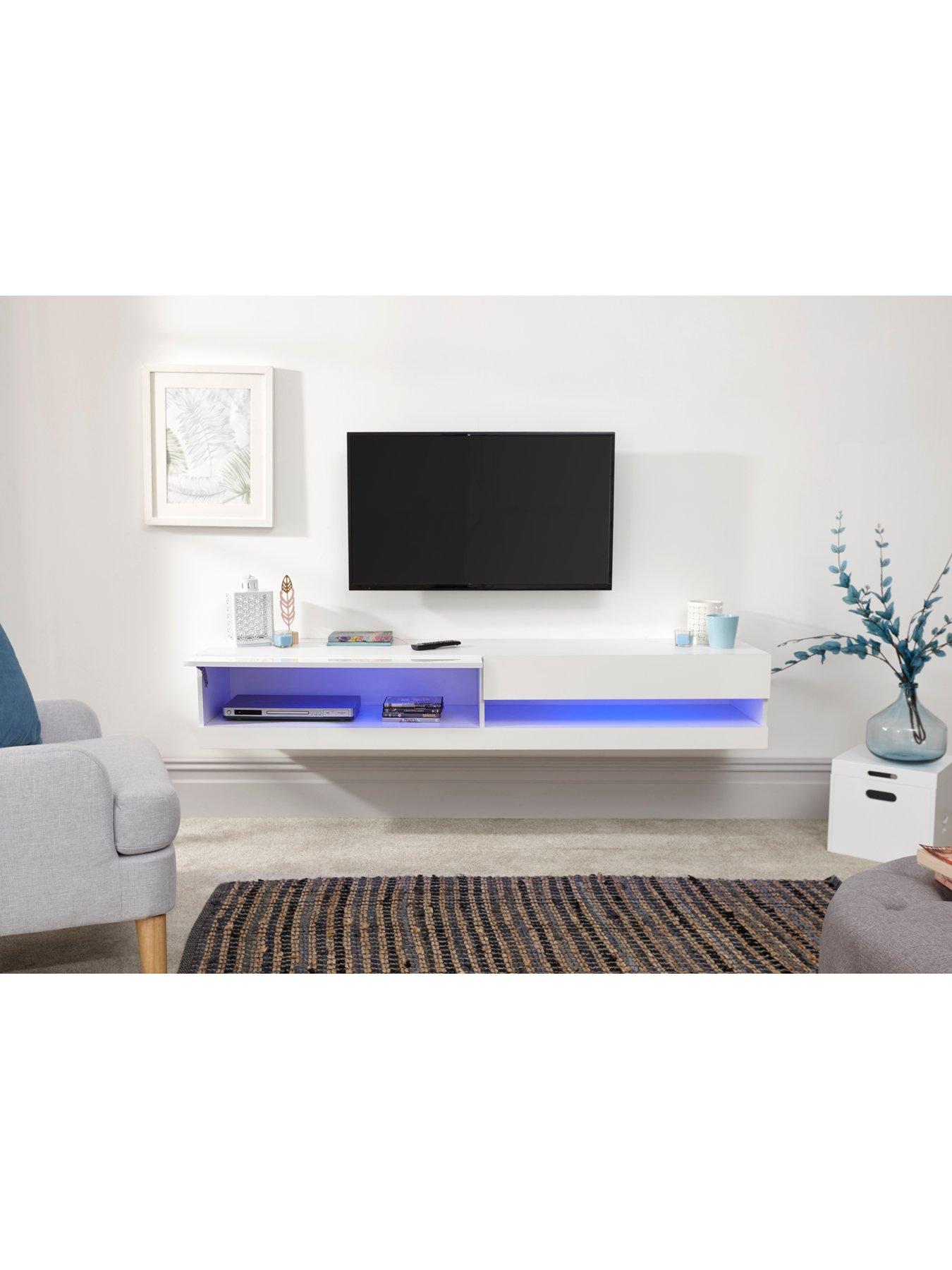 GFW Galicia 180 cm Floating Wall TV Unit with LED Lights - fits up to 80 inch TV - White