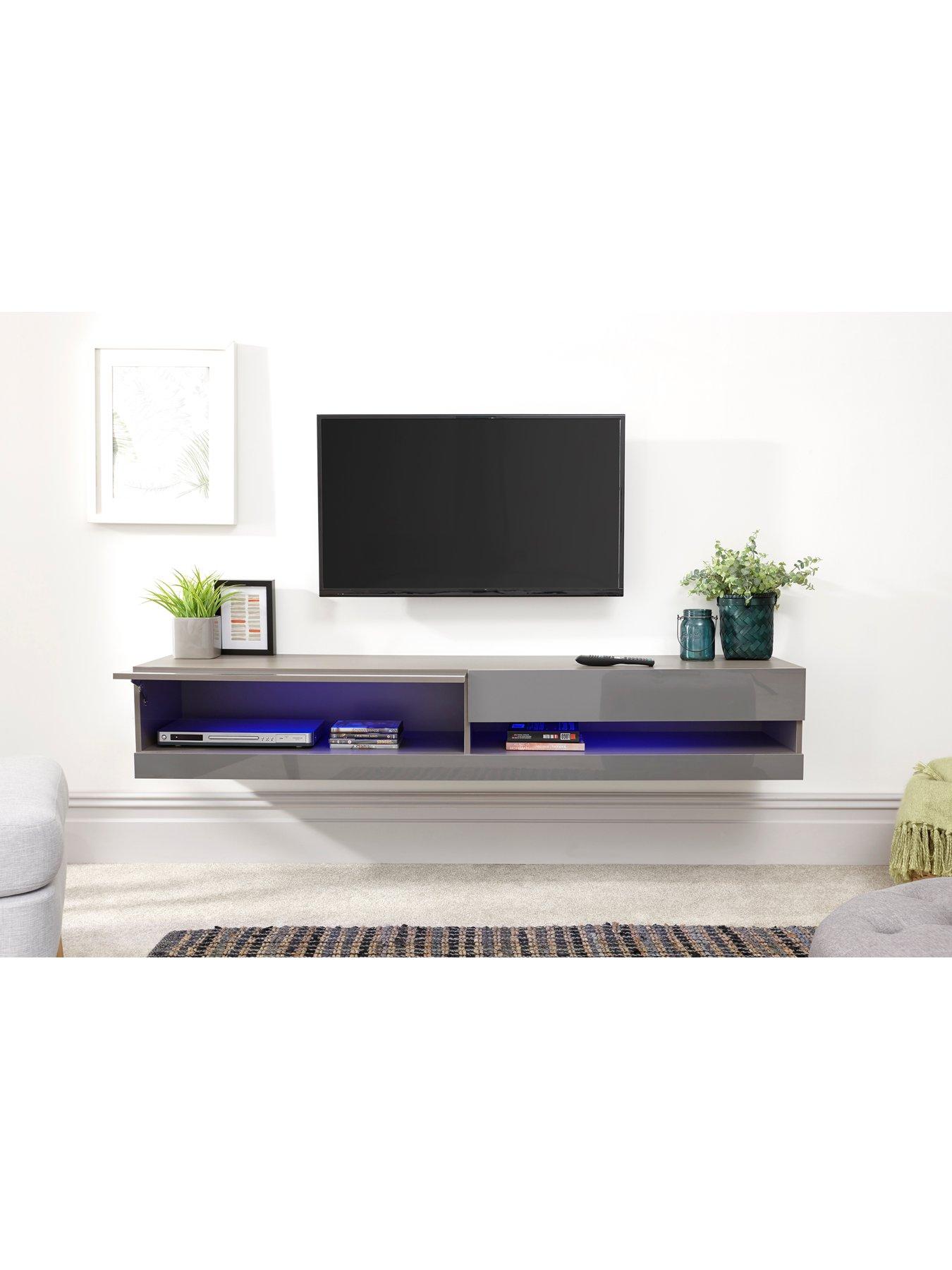 GFW Galicia 150 cm Floating Wall TV Unit with LED Lights - fits up to 65 inch TV - Grey