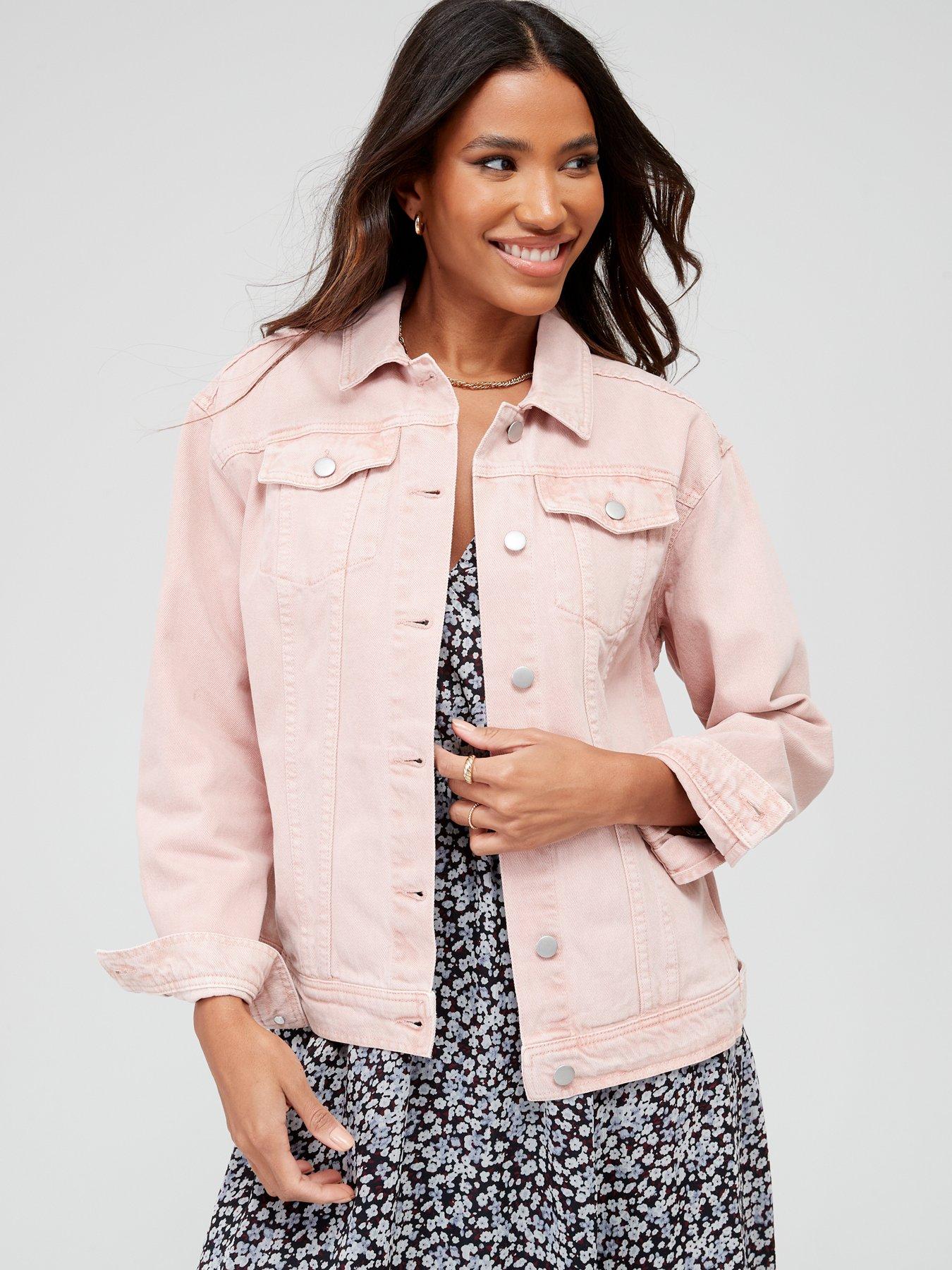 Premium Photo  Stylish woman in denim jacket and pink skirt with