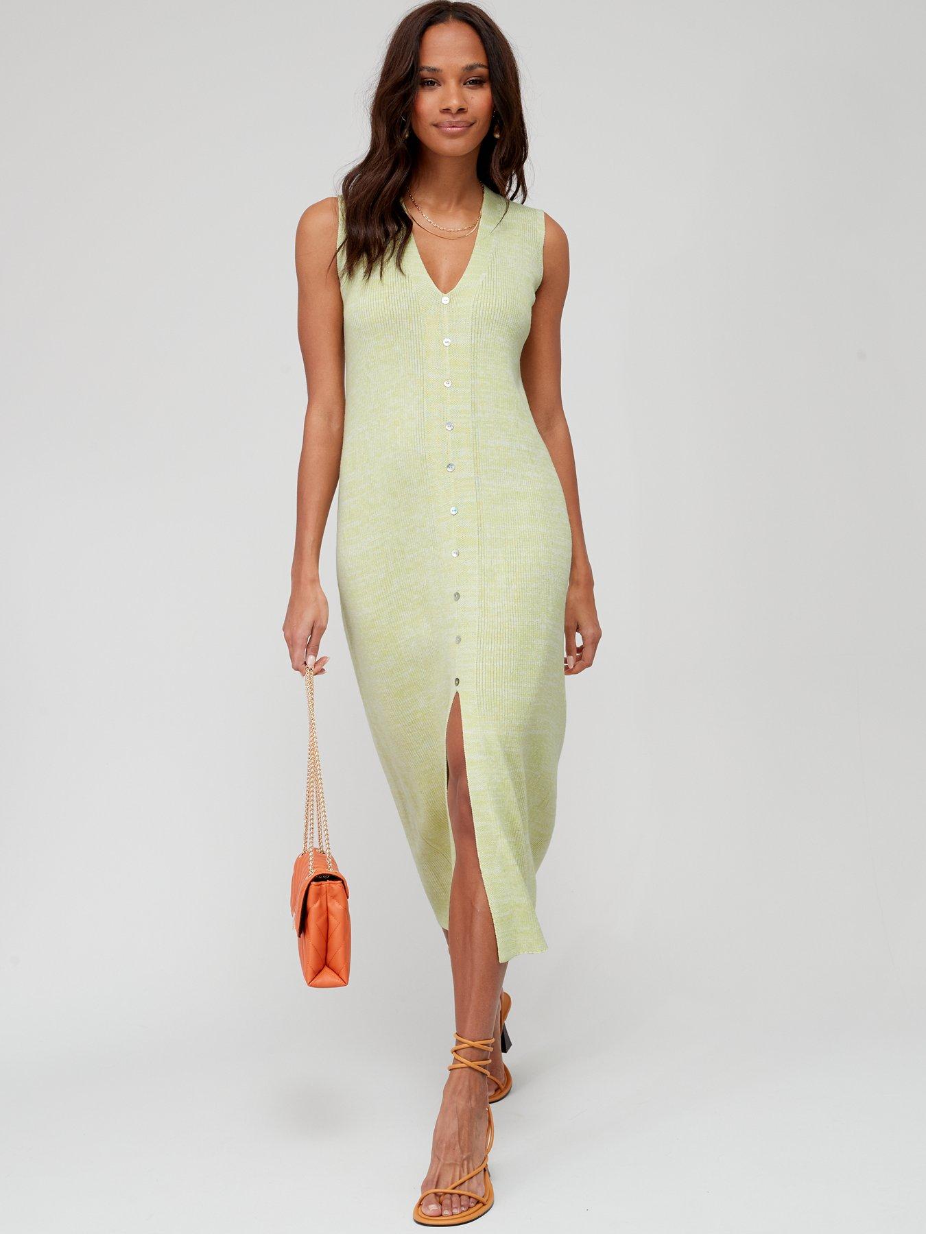 V by Very Knitted Ribbed Sleeveless Button Down Midi Dress Green