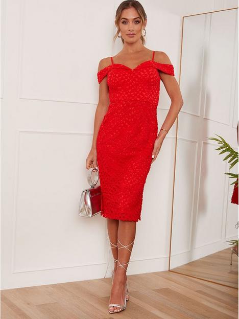 chi-chi-london-chi-chi-london-bardot-premium-lace-midi-dress-in-red