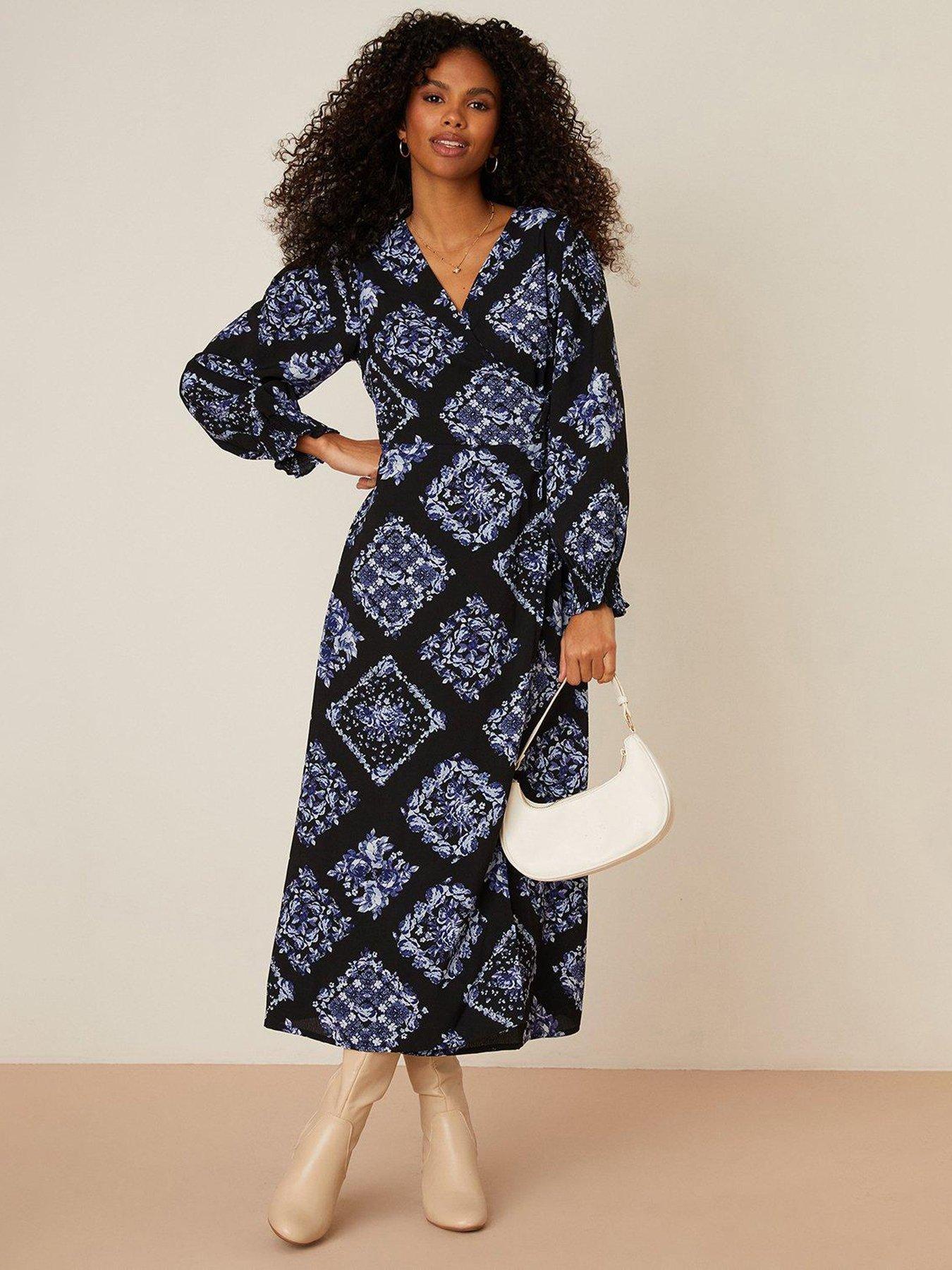 Diamond Print Long Sleeve Wrap Midi Dress Black Blue