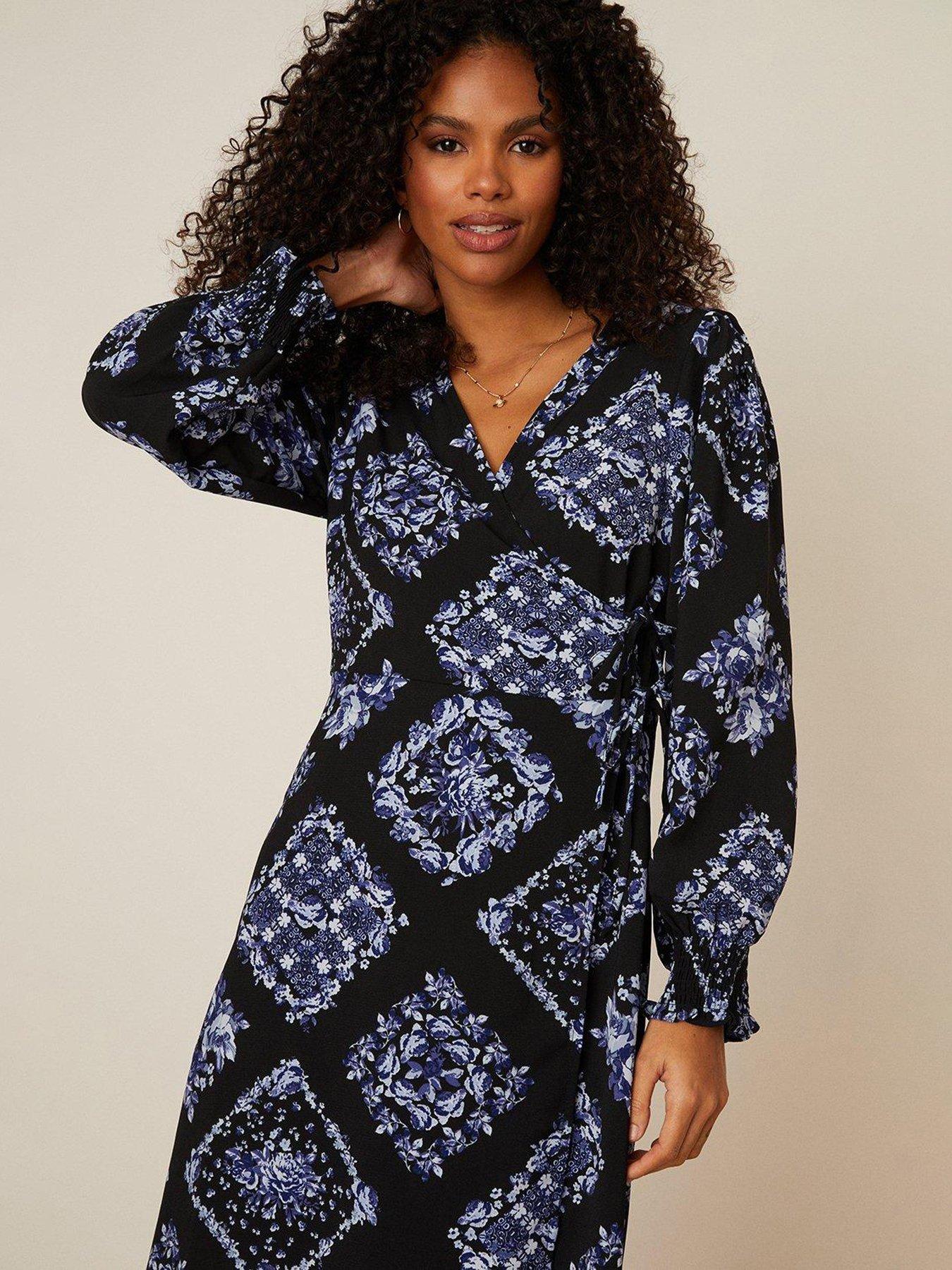 Dorothy Perkins Diamond Print Long Sleeve Wrap Midi Dress Black