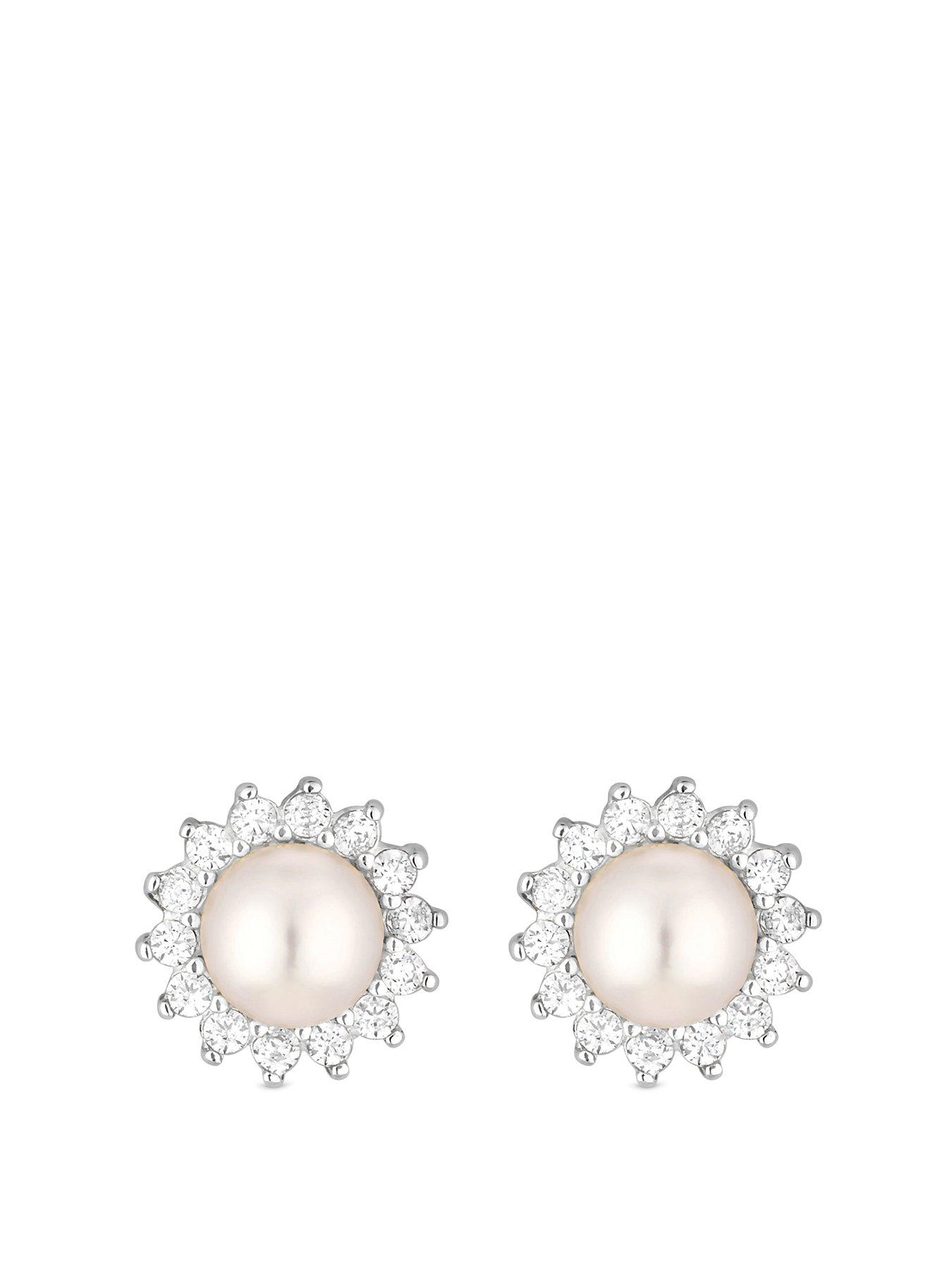 Image of Simply Silver Simply Silver Sterling Silver 925 Freshwater Pearl And Cubic Zirconia Halo Stud Earrings