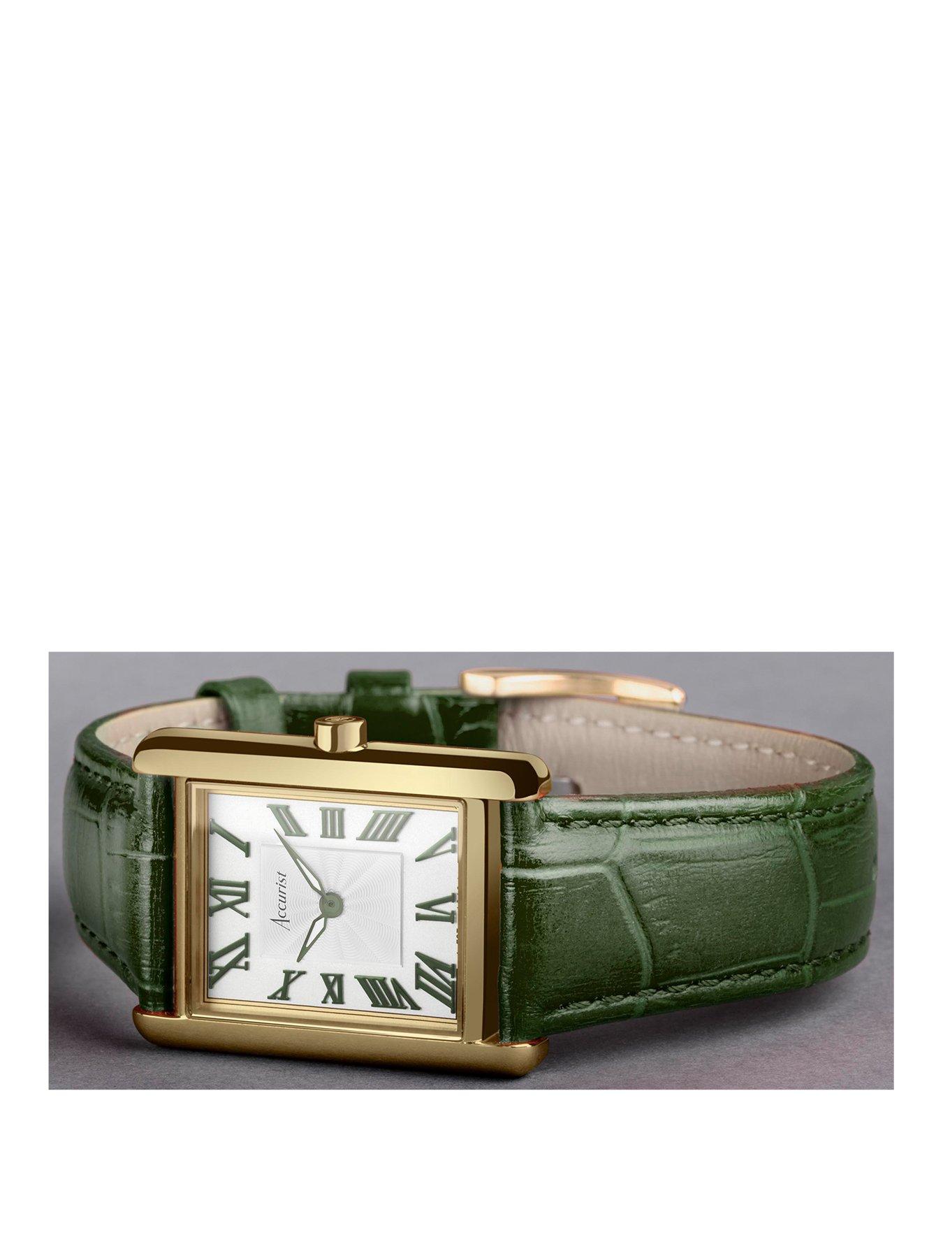 accurist-rectangle-womens-green-leather-strap-analogue-watchstillFront