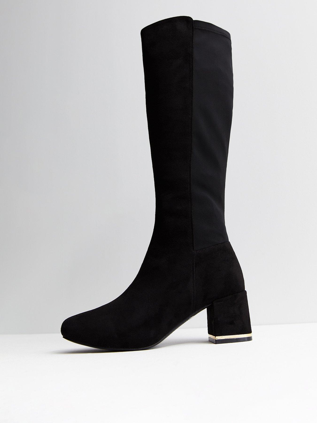 Wide Fit Black Suedette Metal Block Heel Knee High Boots