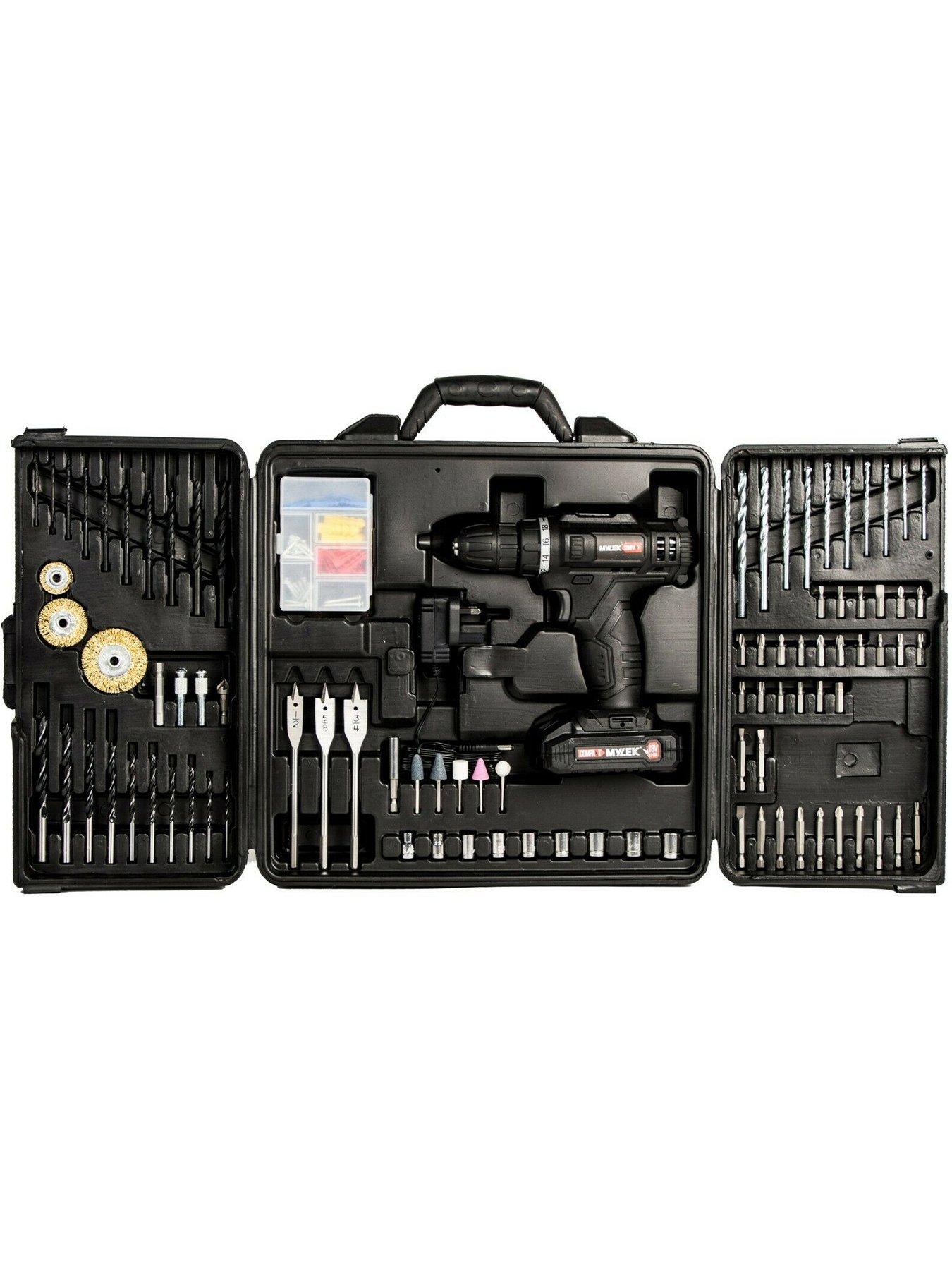 mylek-18v-cordless-drill-electric-driver-set-with-151-piece-accessory-set-and-casestillFront