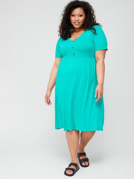v-by-very-curve-button-front-short-sleeve-rib-dress-green