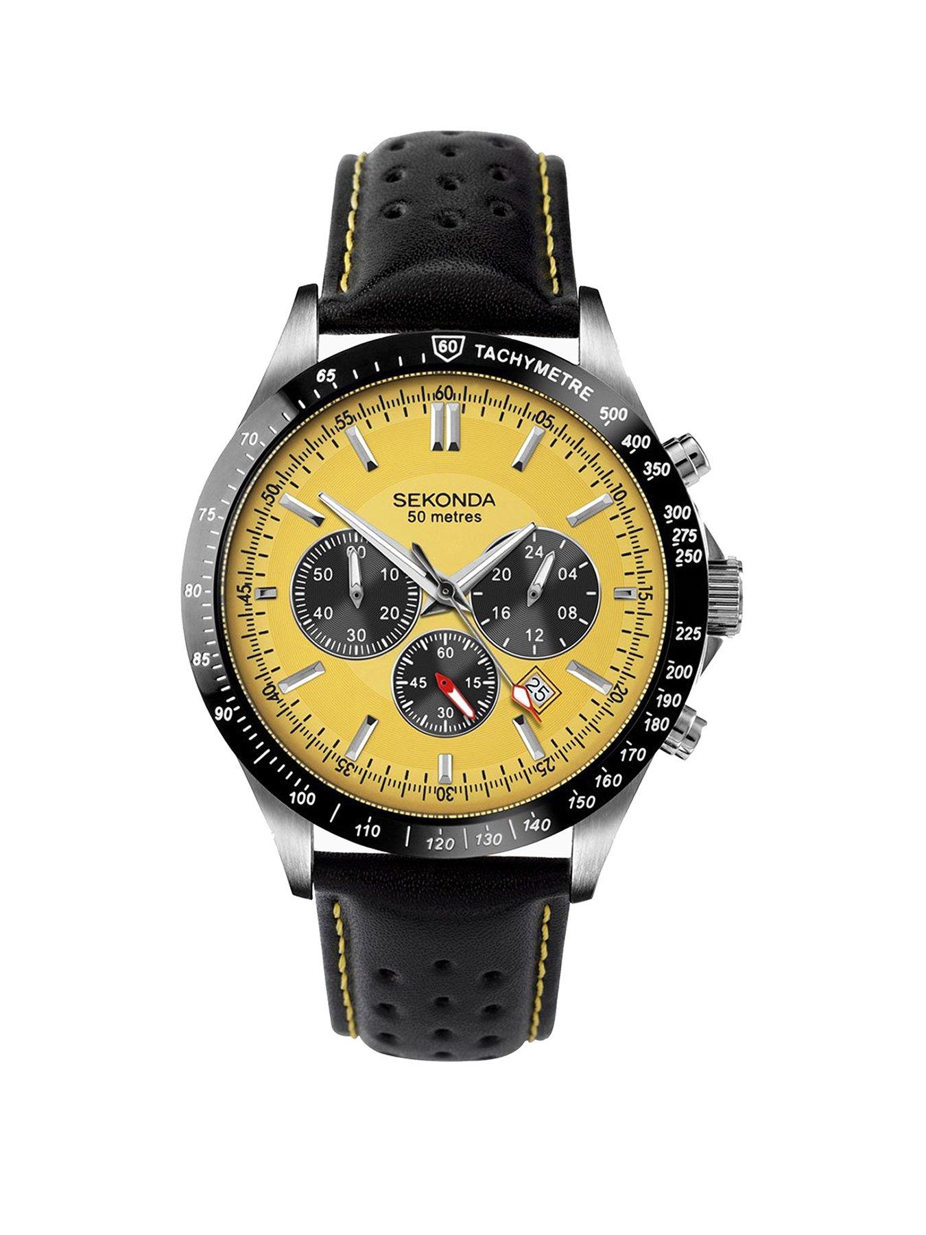 sekonda-sekonda-mens-velocity-black-leather-upper-strap-with-yellow-dial-watch