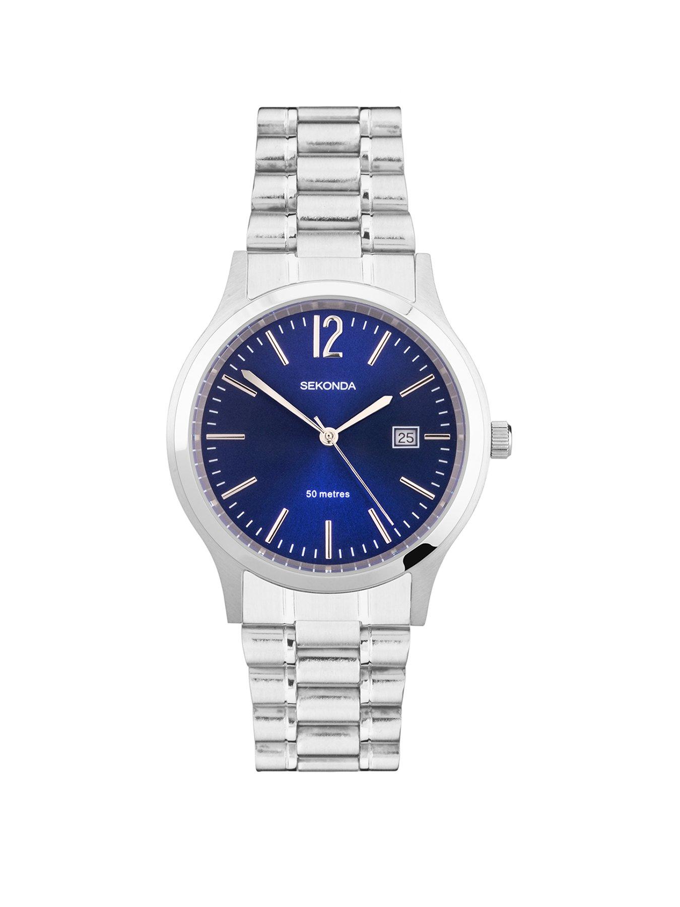 Mens silver watch with blue face best sale