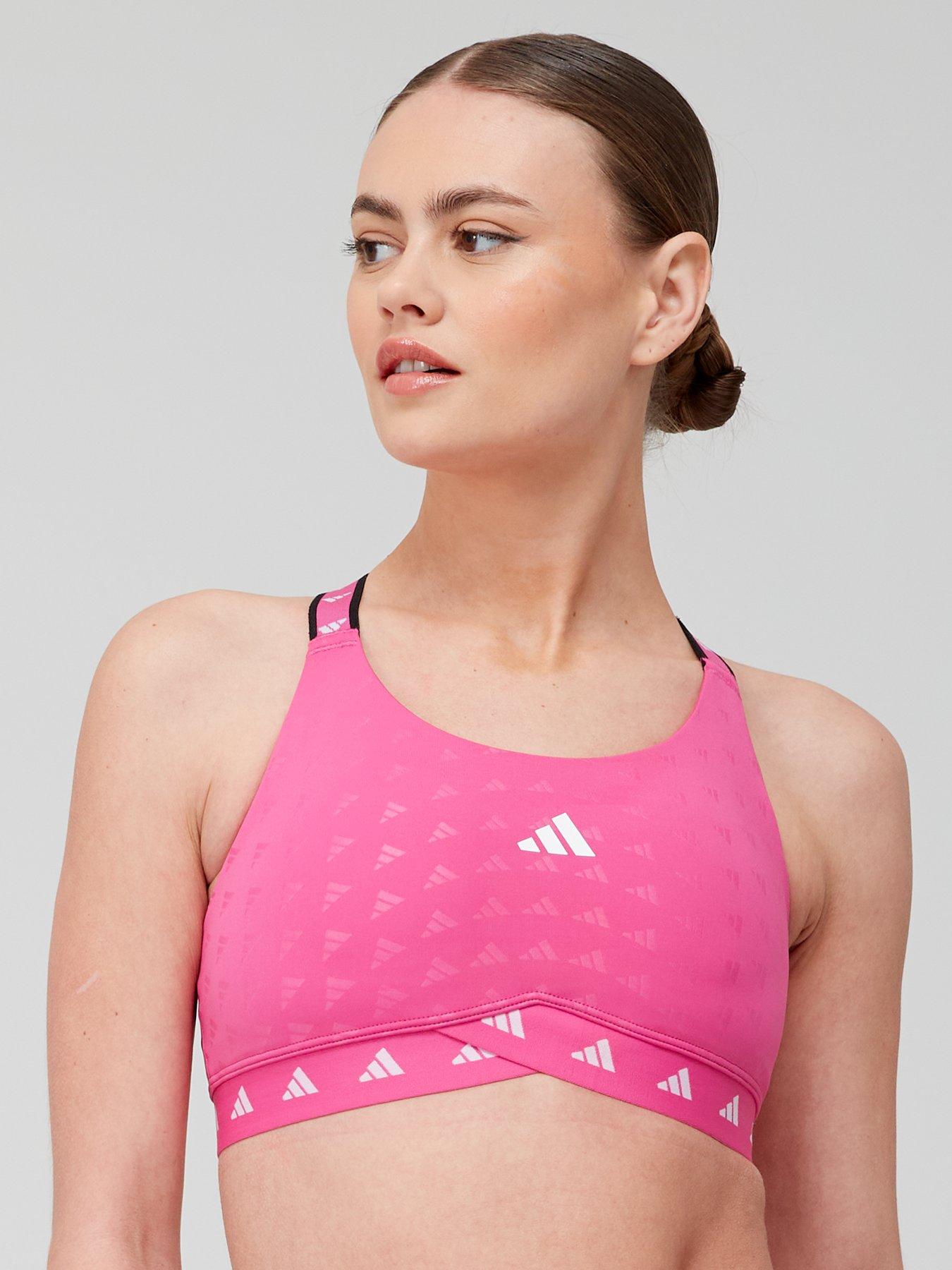 adidas Training aeroknit logo light support sports bra in bright pink