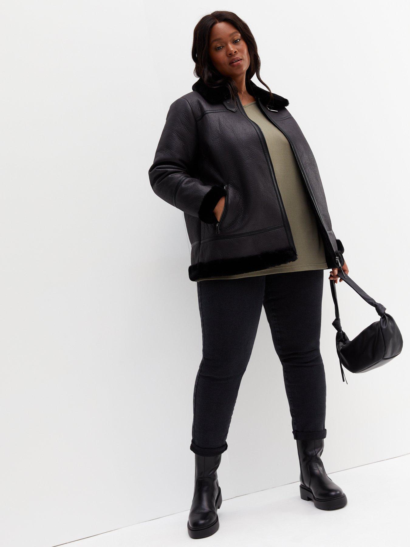 New Look Curves Leather Look Faux Fur Collared Aviator Jacket