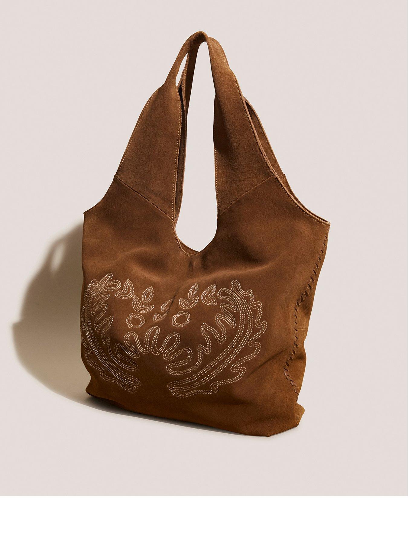 Suede Embroidered Slouch Tote Brown