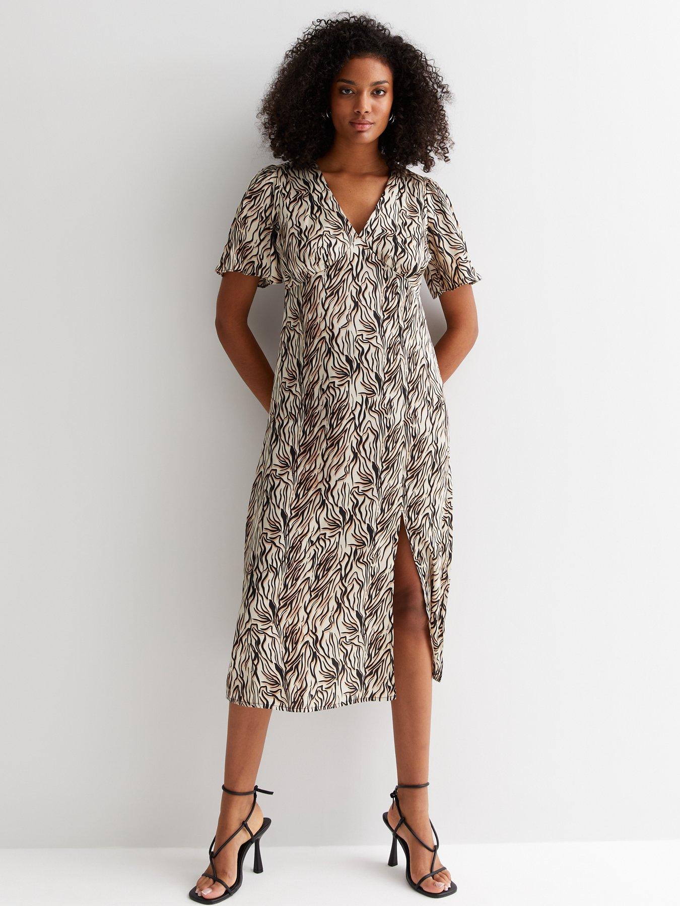 new-look-brown-zebra-print-v-neck-short-flutter-sleeve-midi-dressfront