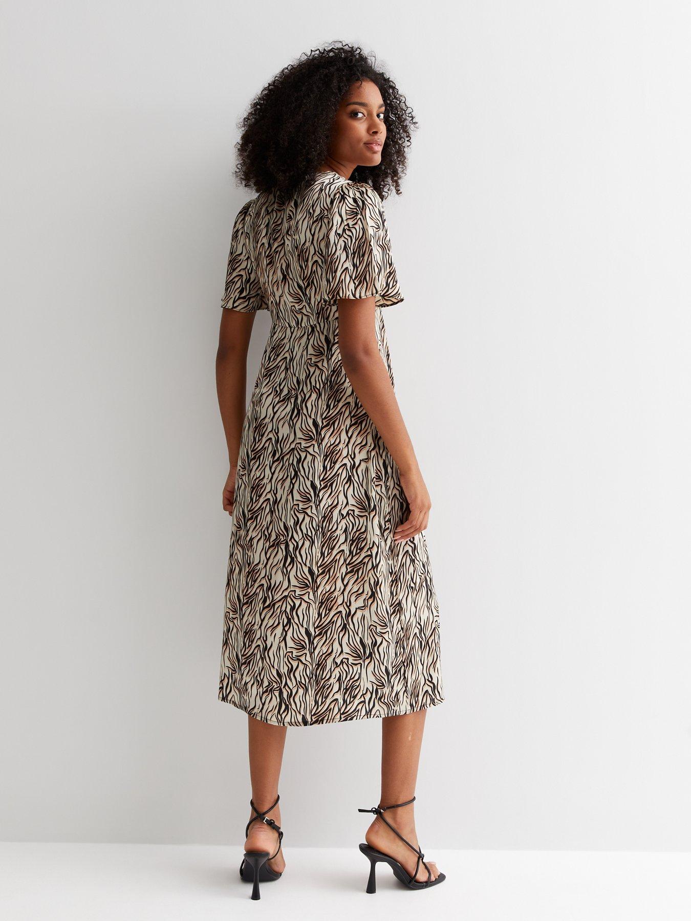 new-look-brown-zebra-print-v-neck-short-flutter-sleeve-midi-dressstillFront