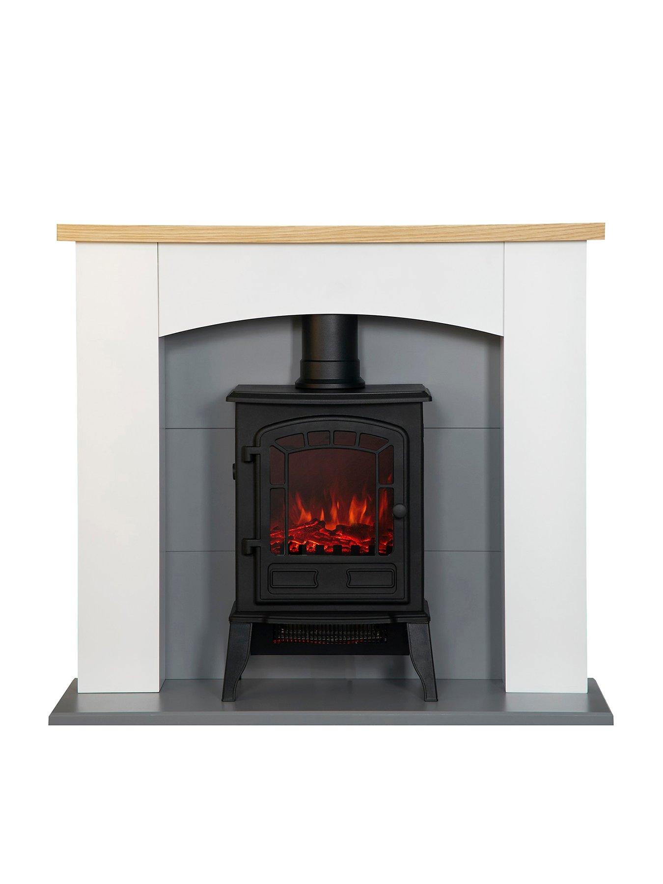 Image of Adam Fires & Fireplaces Adam Huxley in Pure White  &  Grey with Sureflame Ripon Electric Stove in Black, 39 Inch