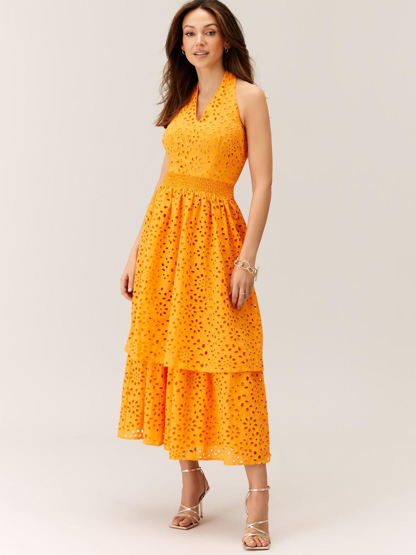 Halter Broderie Tiered Midi Dress Orange