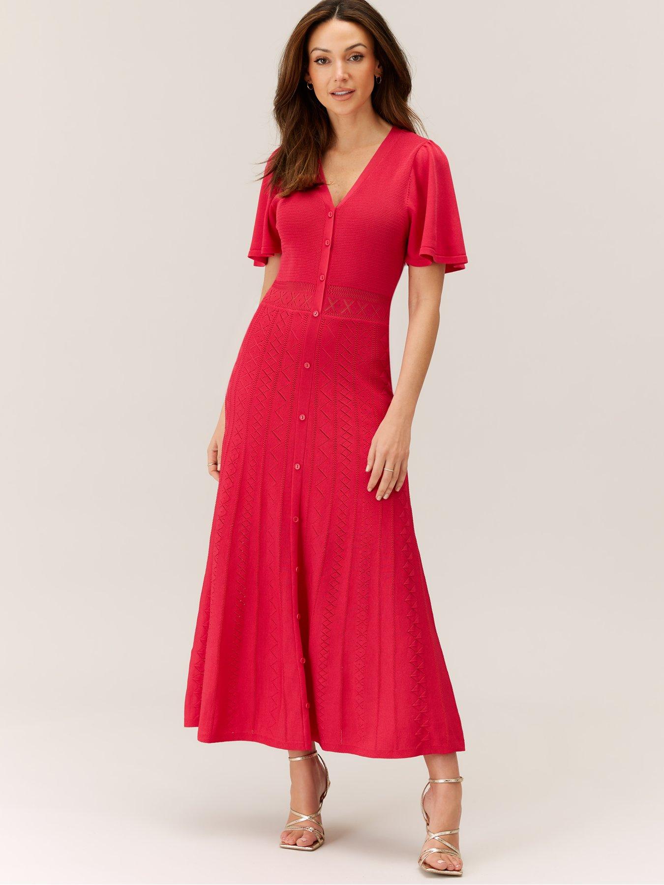 Button Through Pointelle Knitted Midi Dress Pink