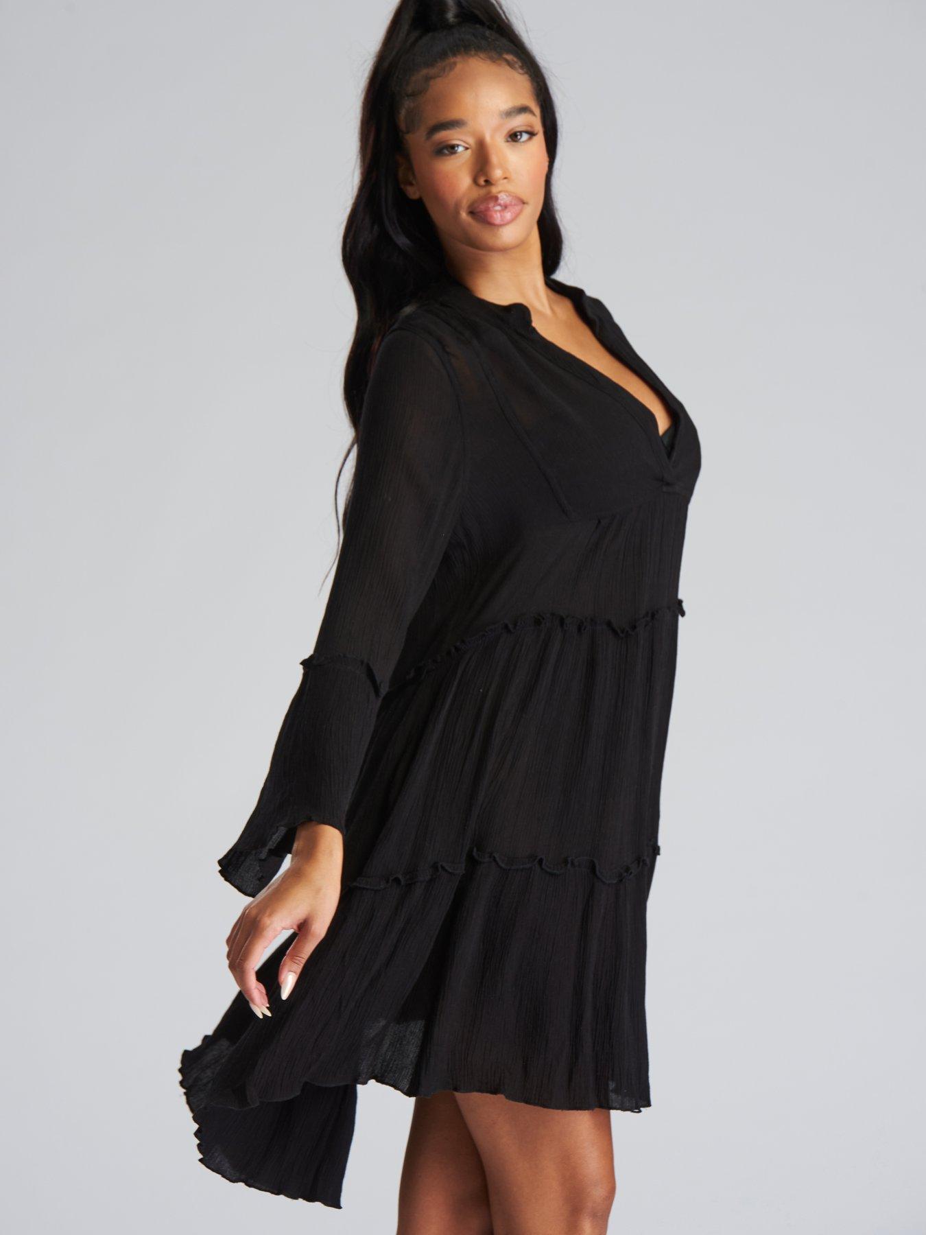 south-beach-crinkle-pull-over-tiered-beach-dress-blackstillFront