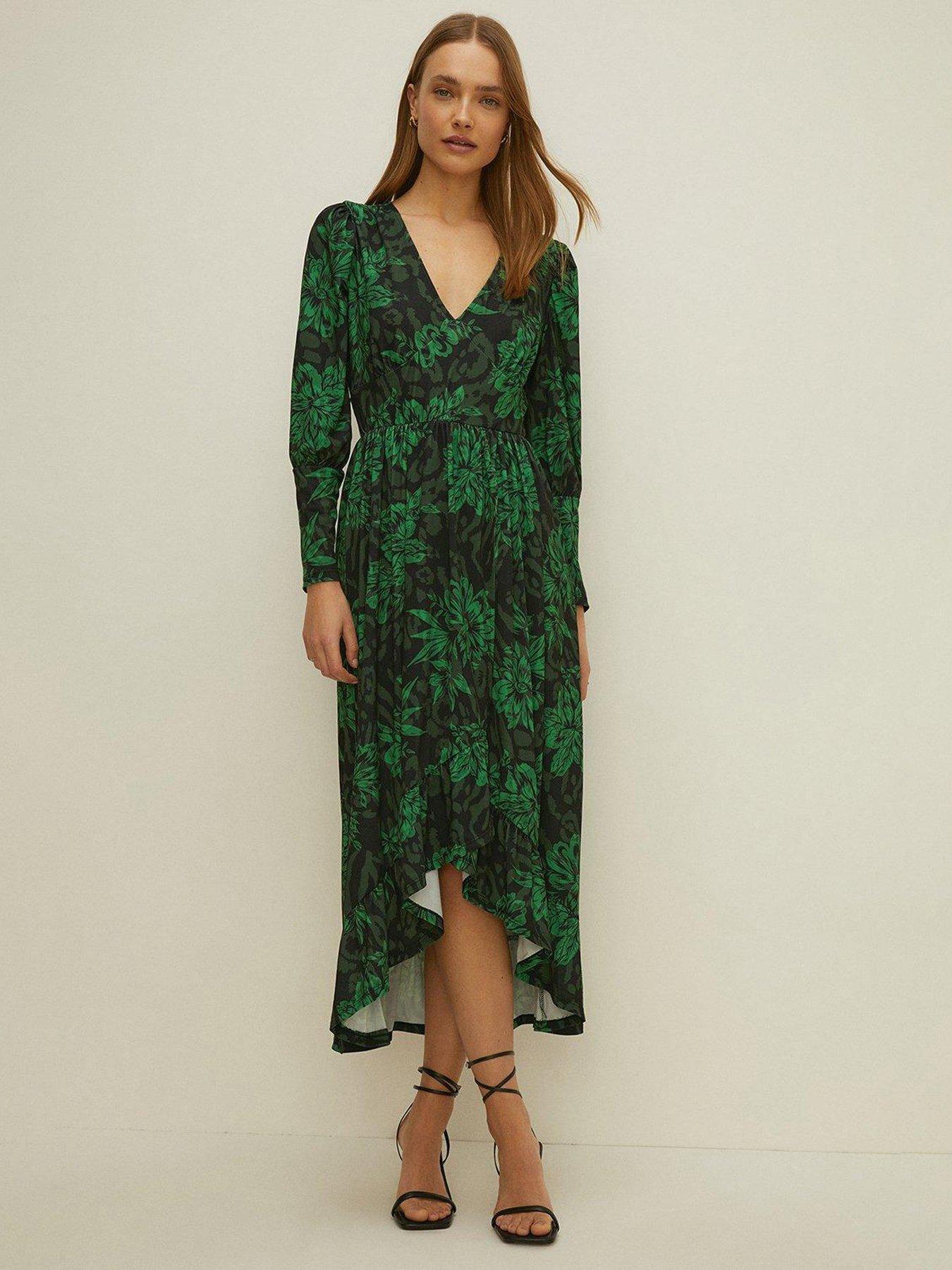 Oasis Slinky Animal Wrap V Neck Midi Dress Black Green Print