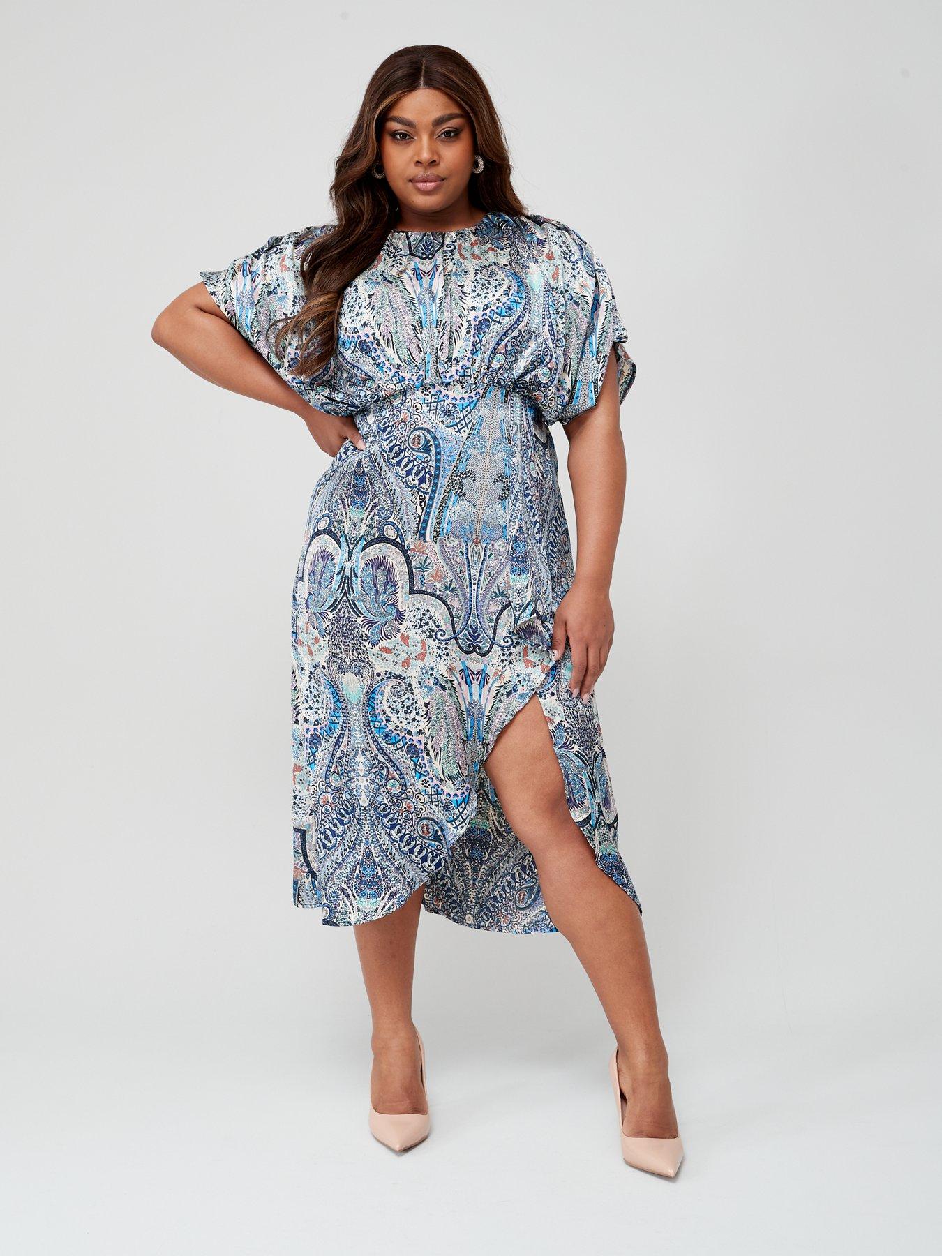 Blouson Paisley Print Midi Dress Blue