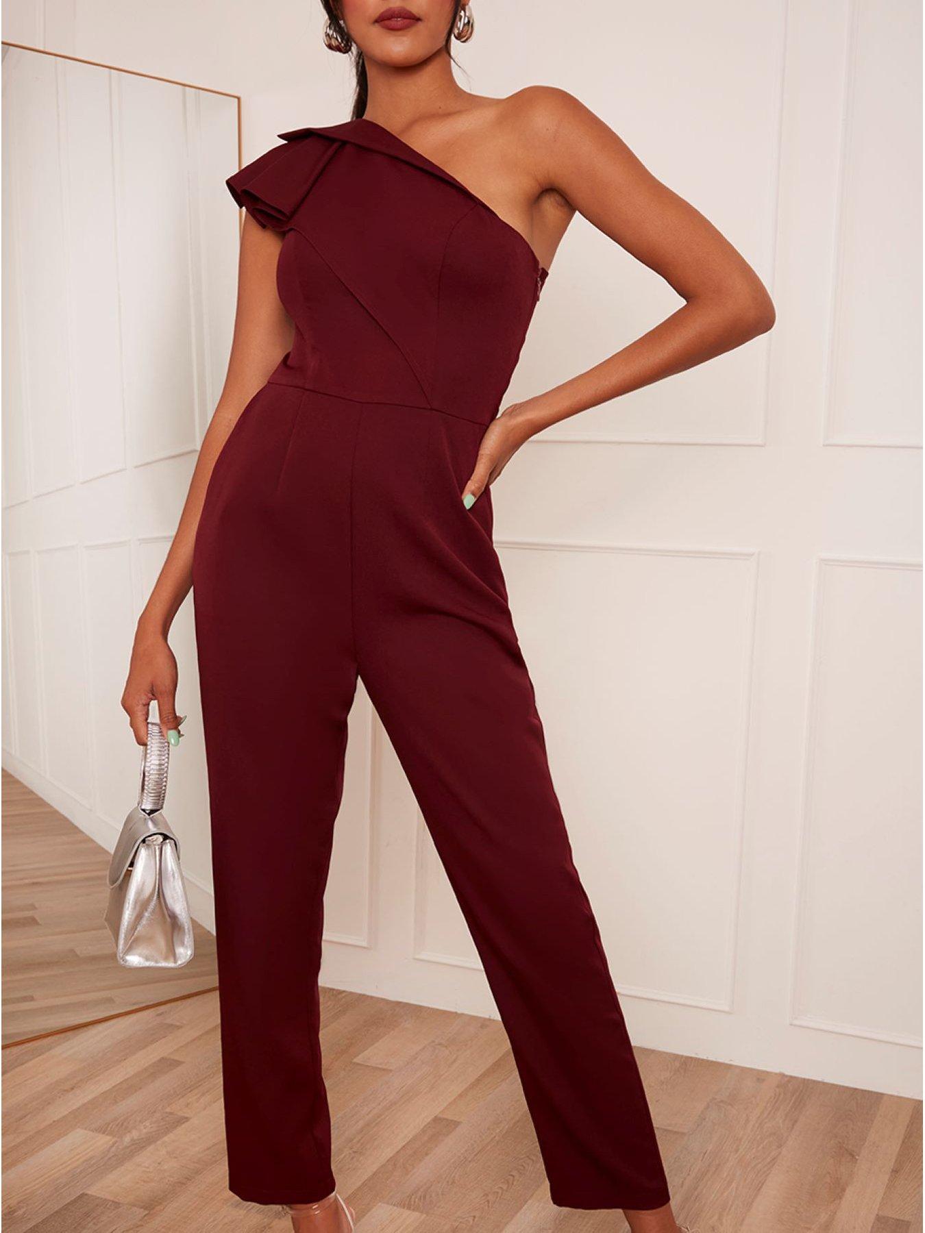 One Shoulder Frill Detail Jumpsuit Burgundy