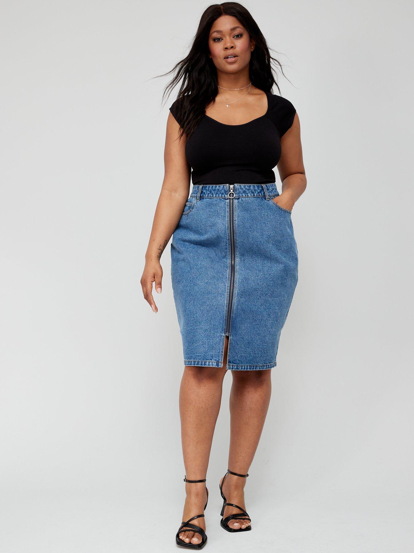 Zip Through Denim Midi Skirt