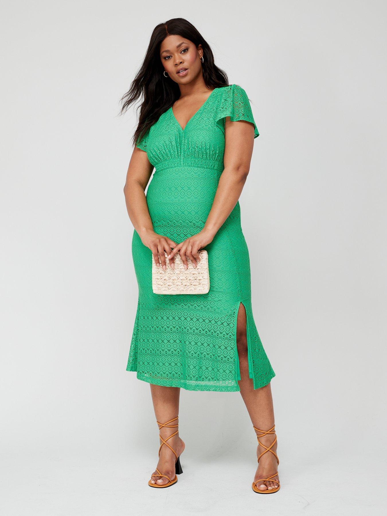 V by Very Curve V Neck Jersey Crochet Midi Dress - Green