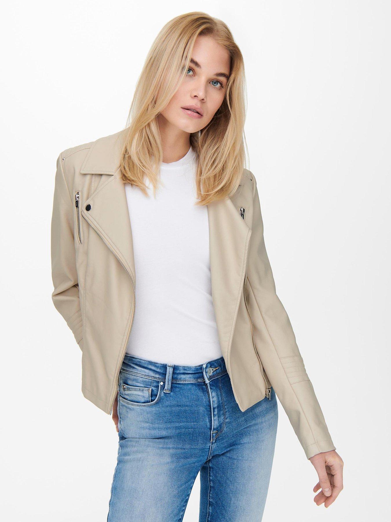 Only Faux Leather Biker Jacket - Cream | Very Ireland